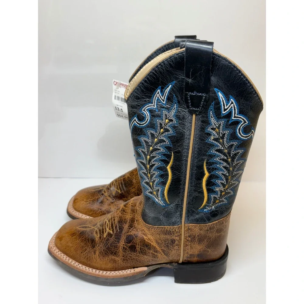 Old West Kids Boys Burnt Tan Navy Blue Square Toe Cowboy Boots BSC1960 13.5D